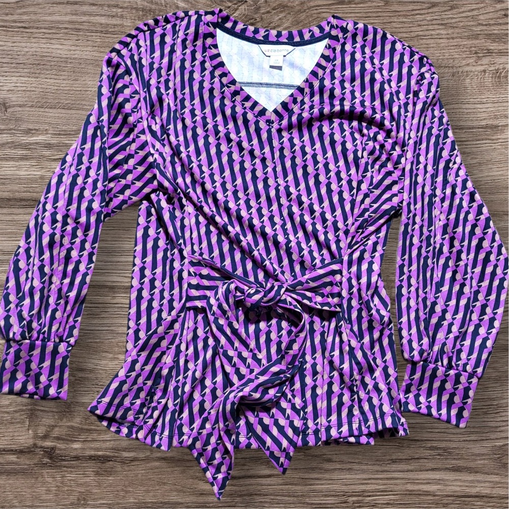Liz‎ Claiborne Blouse V-Neck Long Sleeve Tie Waist Purple Pattern 0X